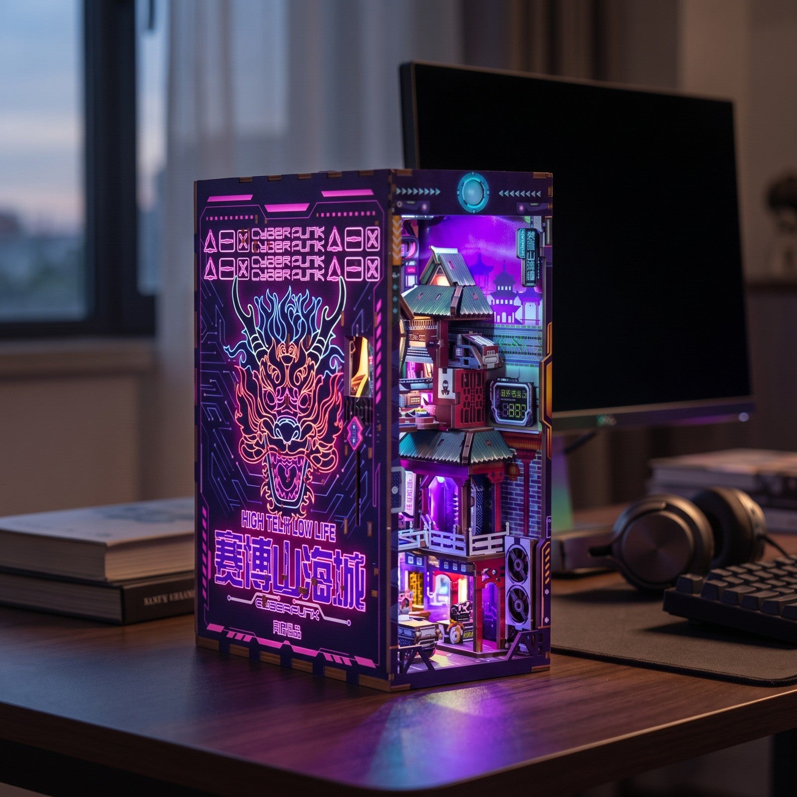 Glowing book nook on a home desk in the evening