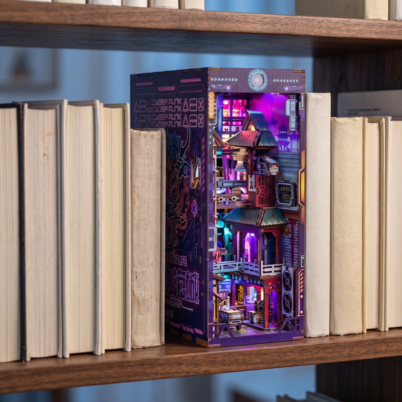 Neon Alley cyberpunk book nook glowing between books
