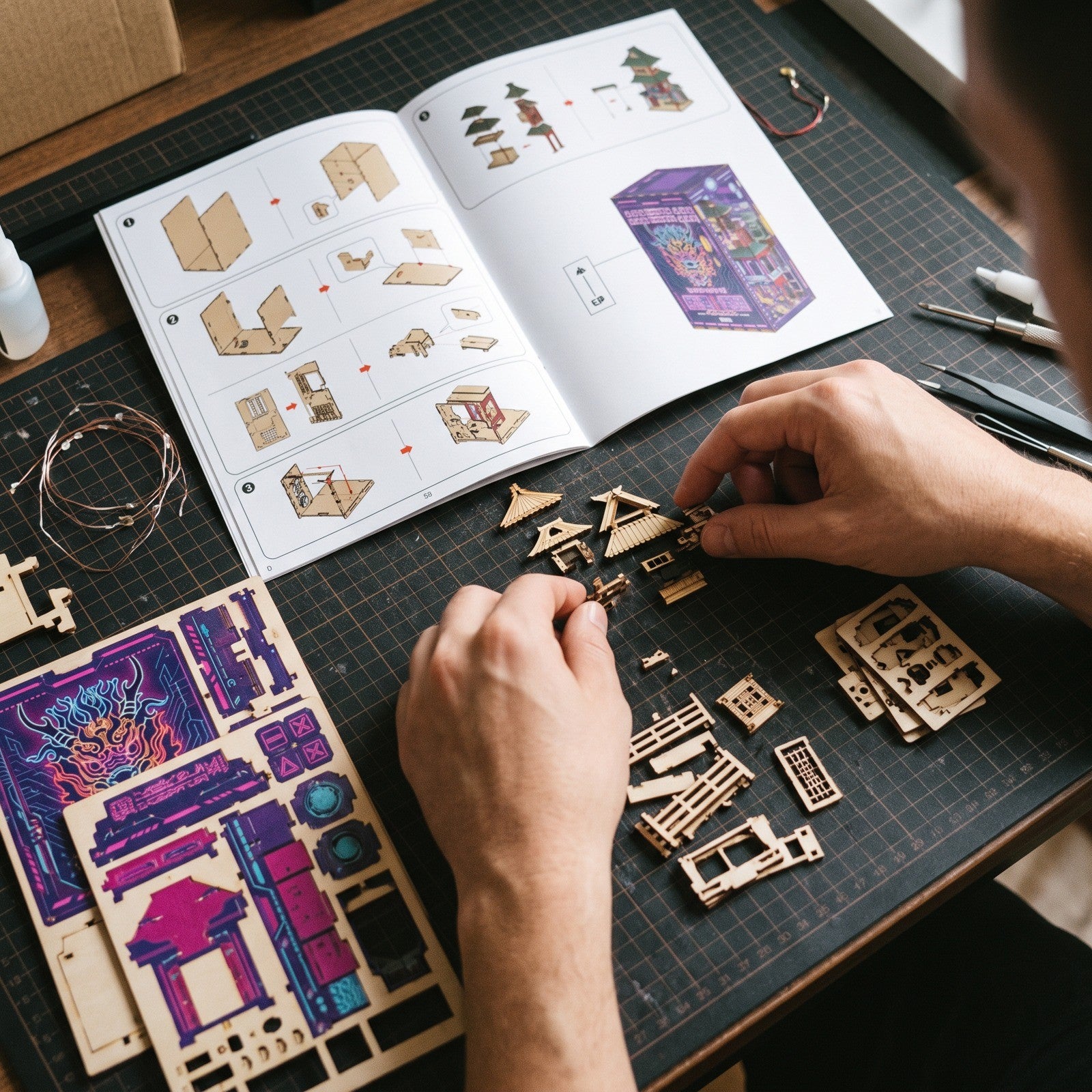 Adult hands sorting pieces beside illustrated instructions