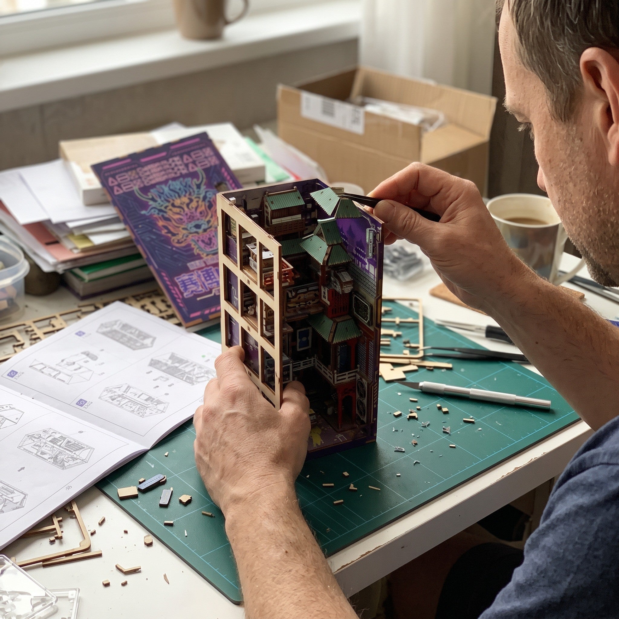 Man fitting a miniature pagoda roof at a table