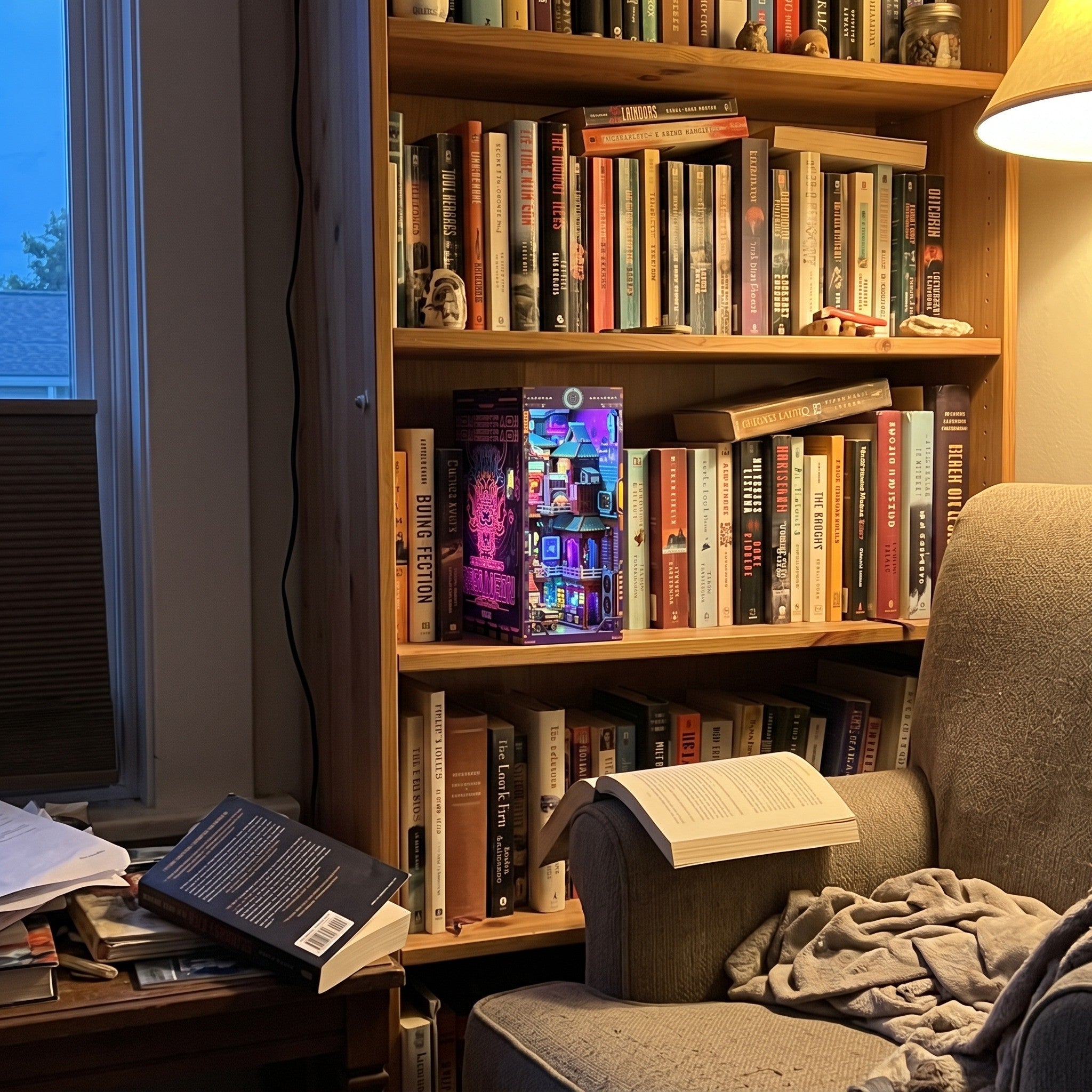 Lit book nook among books in a reading room