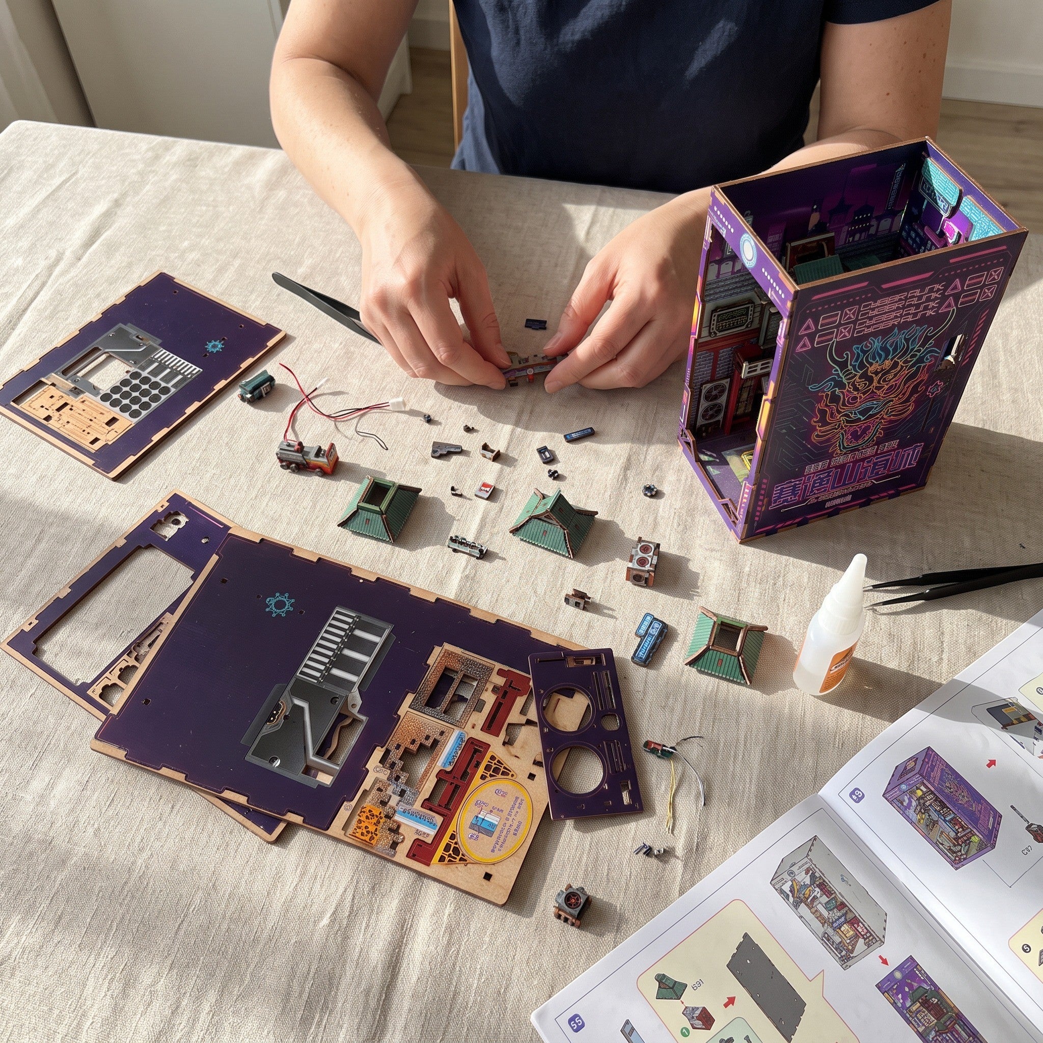 Hands sorting printed parts on a dining table