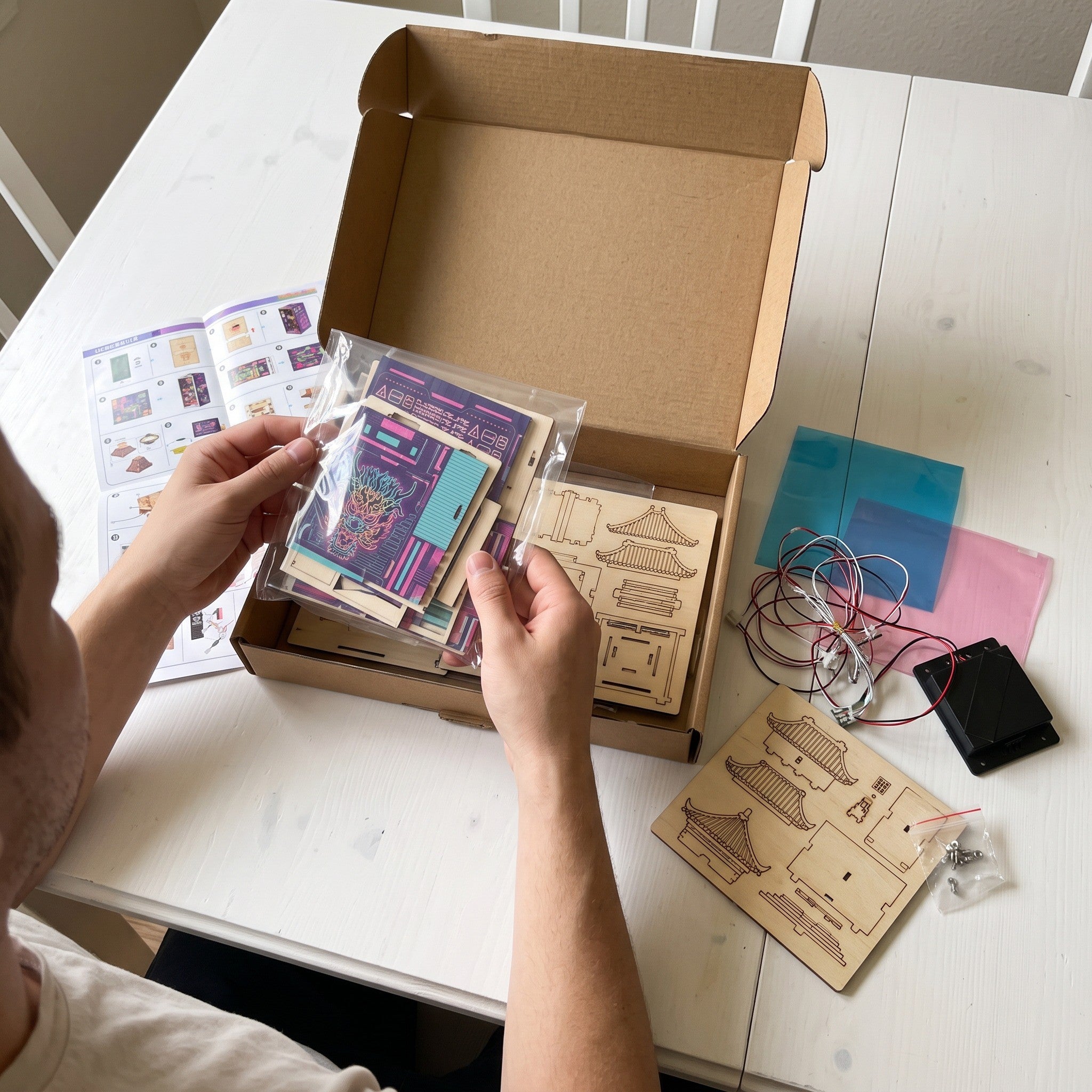 Hands unpacking components and an illustrated guide