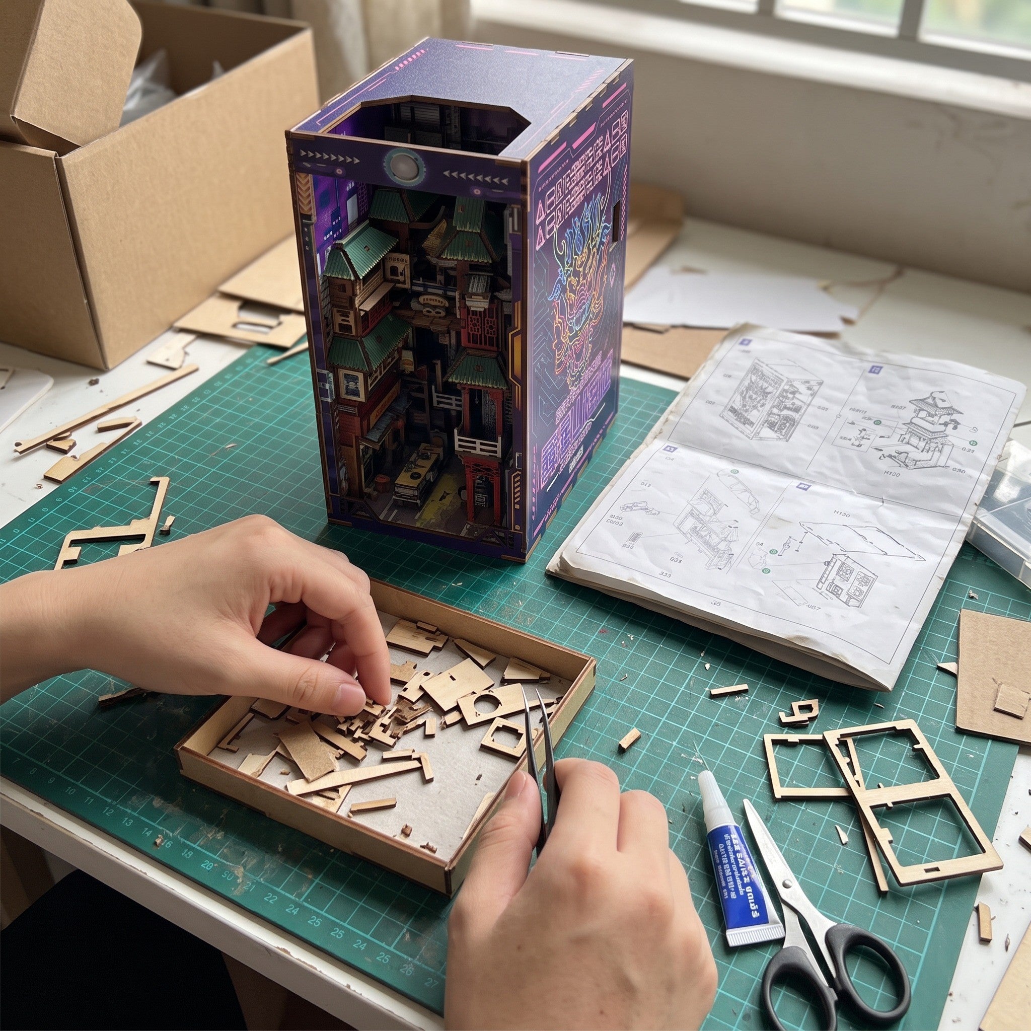 Hands tidying spare pieces beside the finished city