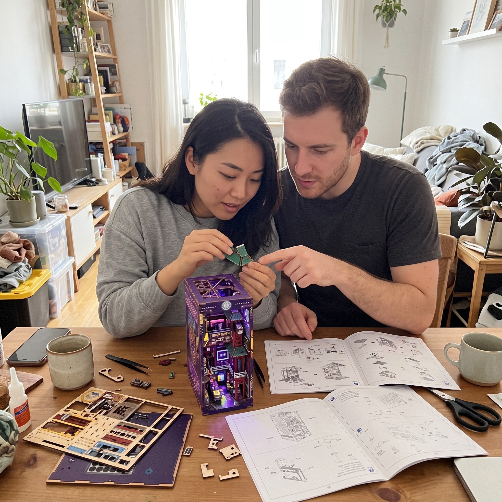 Couple building together and checking the guide