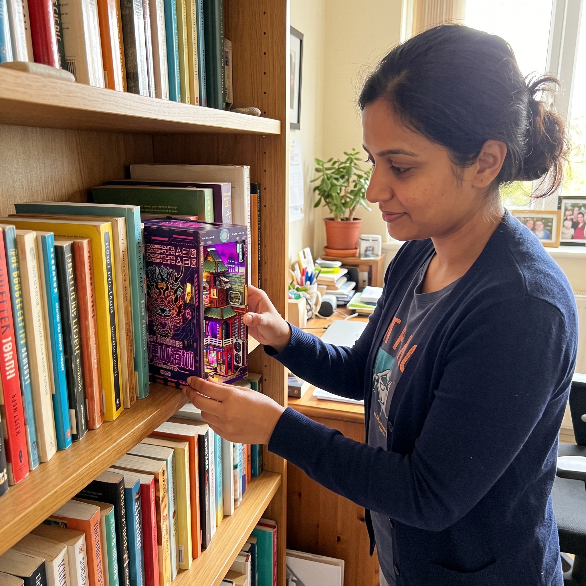 Woman sliding her finished book nook between books