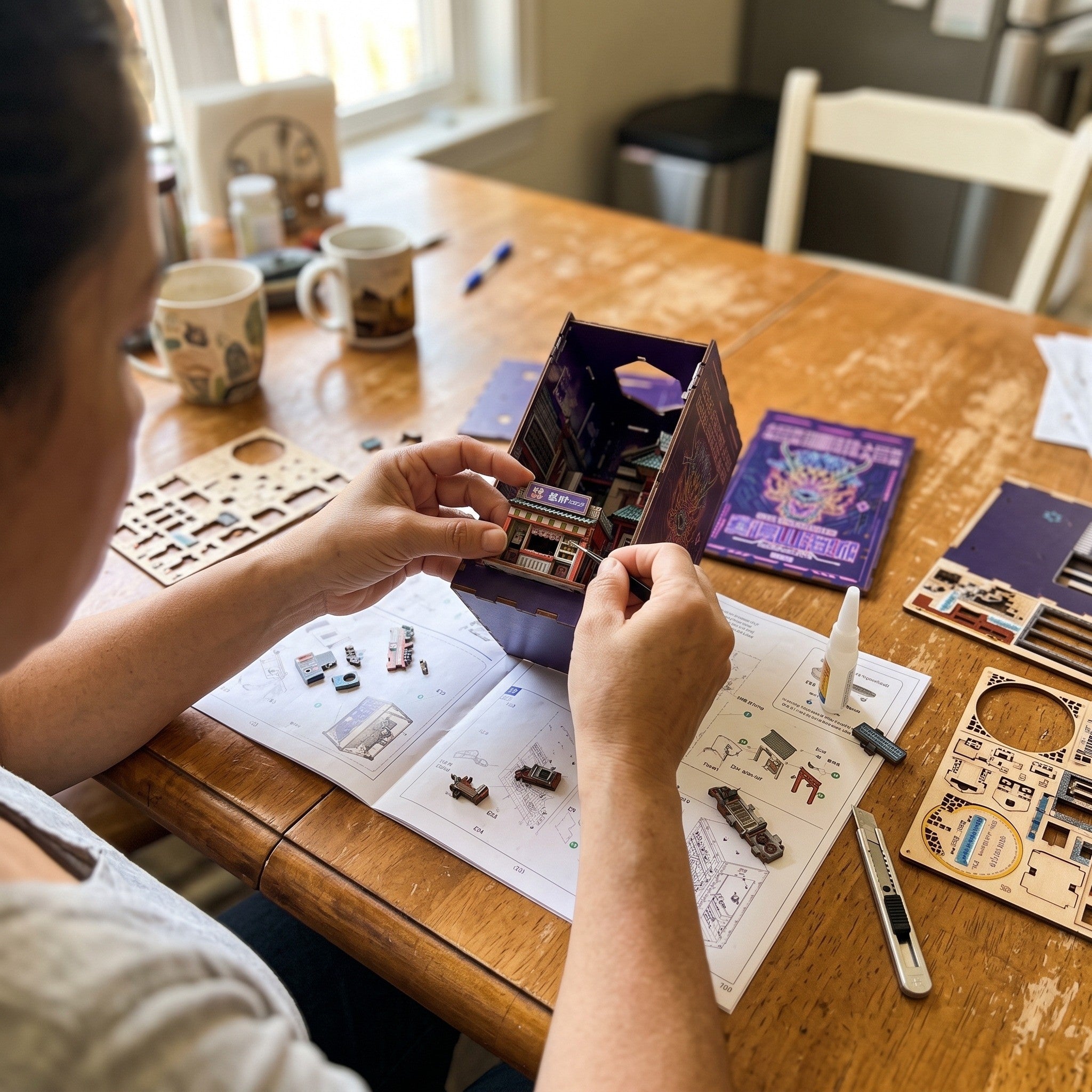 Hands assembling miniature pieces on a kitchen table