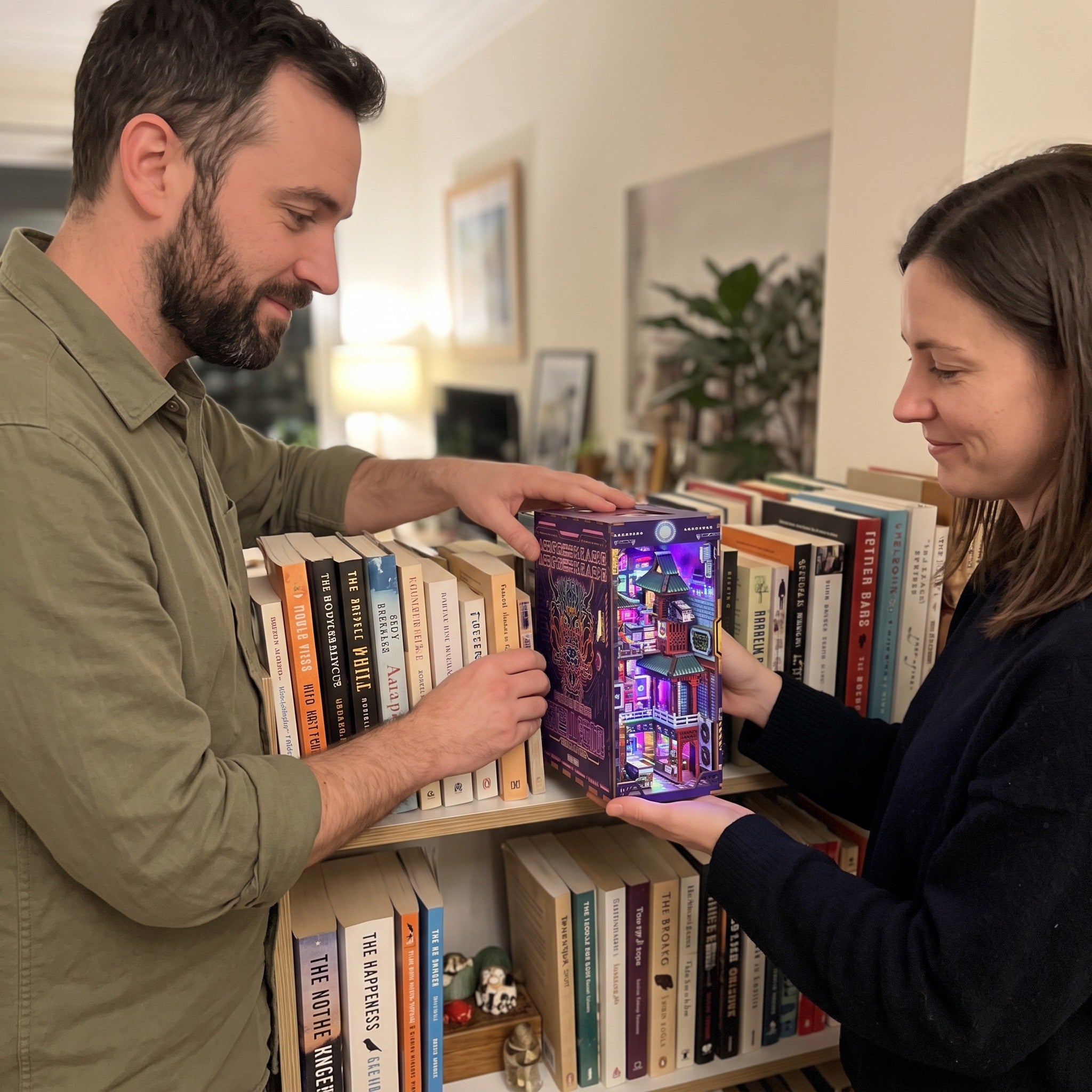 Couple placing their finished city on a bookshelf